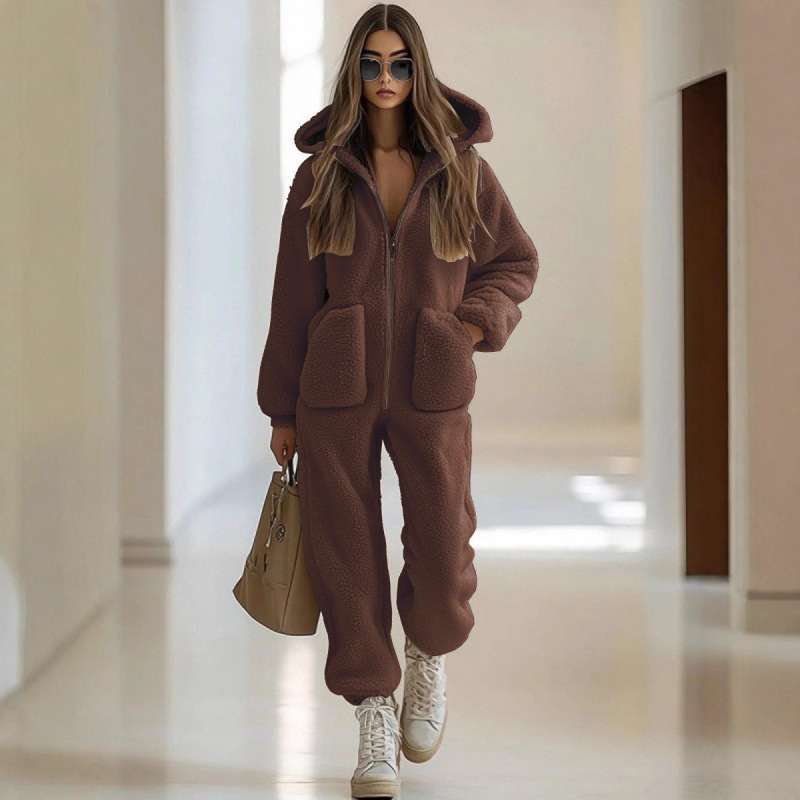 Warmer Damen-Overall mit Kapuze, Reißverschluss und Taschen