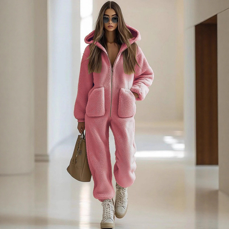 Warmer Damen-Overall mit Kapuze, Reißverschluss und Taschen
