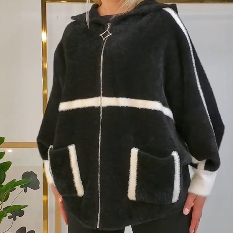 Damen kuschelige warme Kapuzenjacke mit Streifendetail