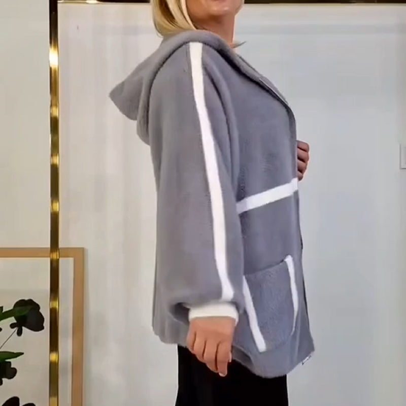 Damen kuschelige warme Kapuzenjacke mit Streifendetail