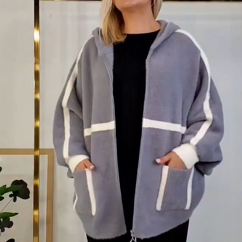 Damen kuschelige warme Kapuzenjacke mit Streifendetail
