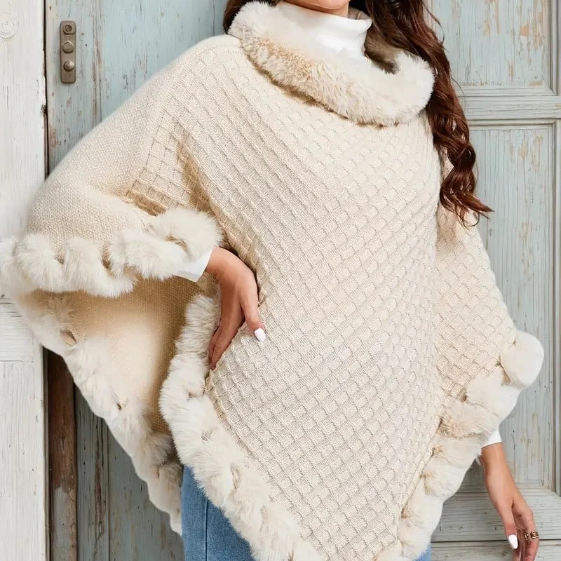 Eleganter, ultrawarmer Strickschal mit Kunstpelzbesatz für Damen