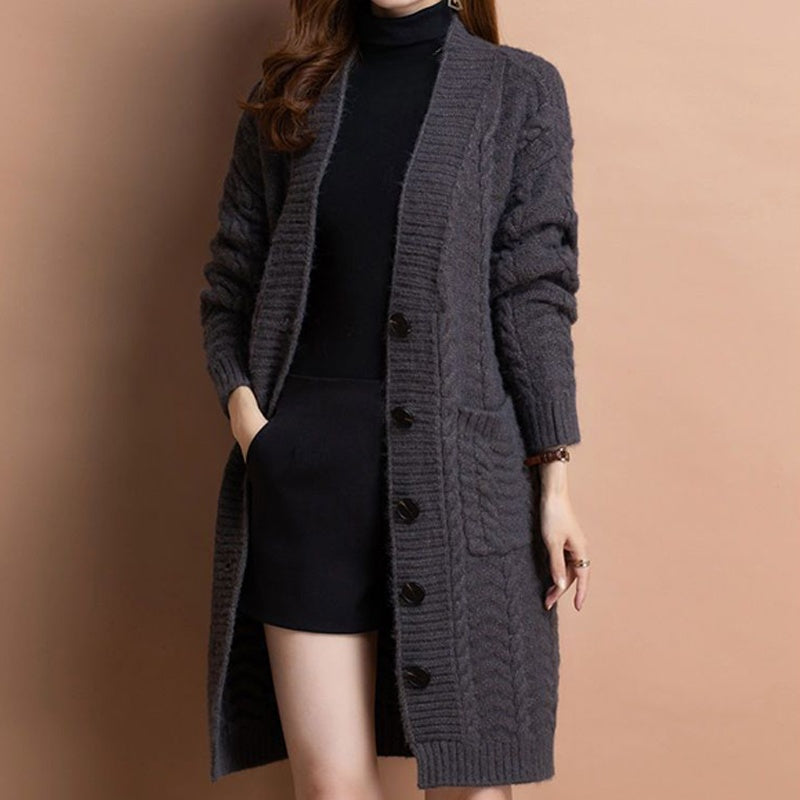 Langer Damen-Strickcardigan mit V-Ausschnitt und Taschen