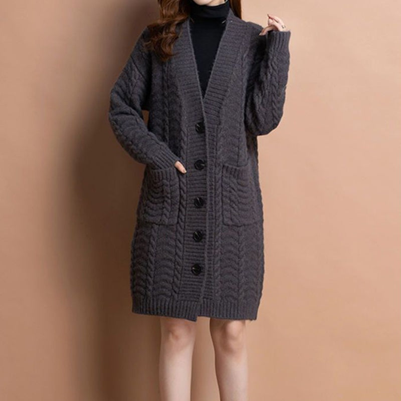 Langer Damen-Strickcardigan mit V-Ausschnitt und Taschen