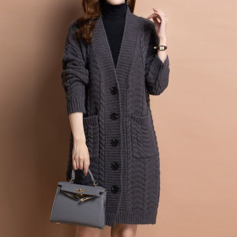 Langer Damen-Strickcardigan mit V-Ausschnitt und Taschen