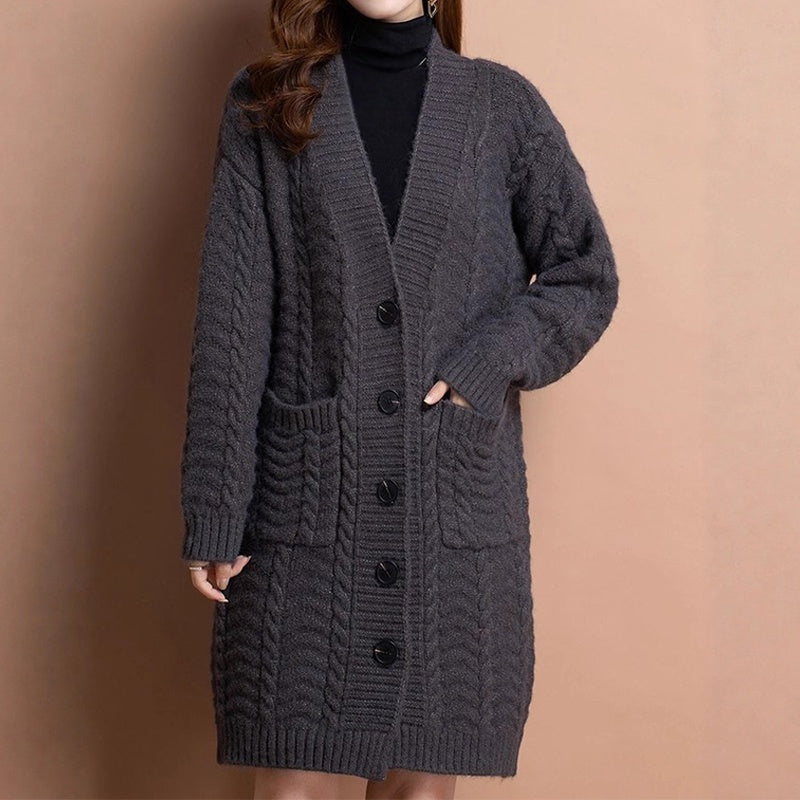 Langer Damen-Strickcardigan mit V-Ausschnitt und Taschen
