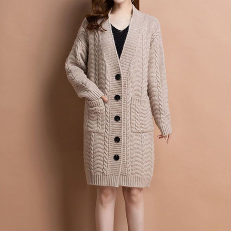 Langer Damen-Strickcardigan mit V-Ausschnitt und Taschen