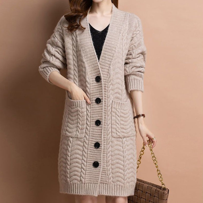 Langer Damen-Strickcardigan mit V-Ausschnitt und Taschen