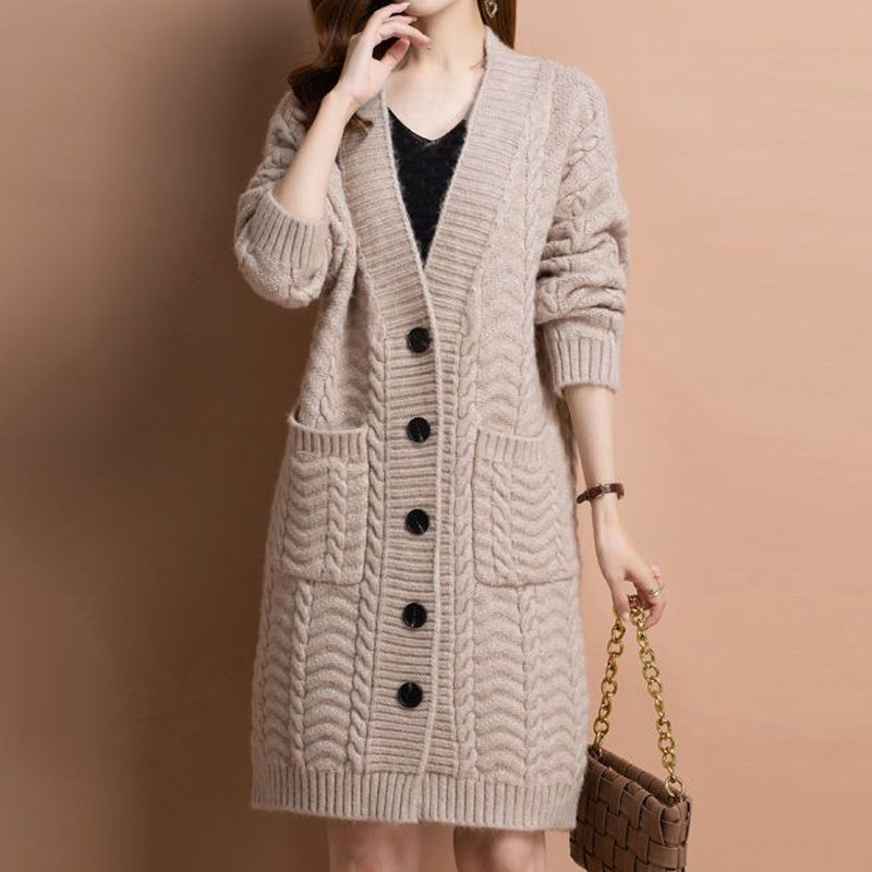 Langer Damen-Strickcardigan mit V-Ausschnitt und Taschen