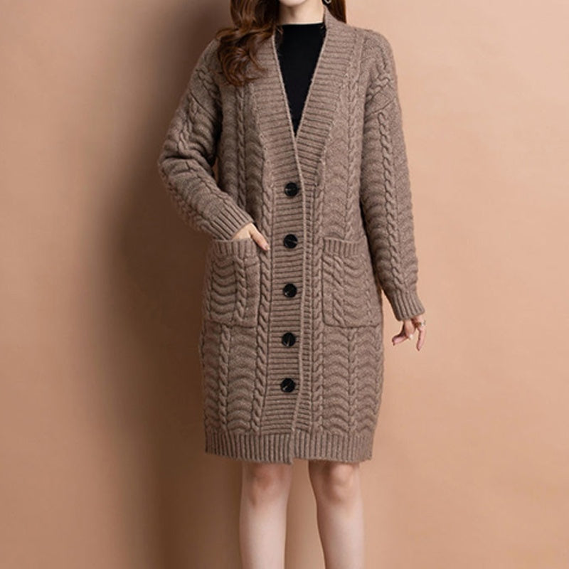 Langer Damen-Strickcardigan mit V-Ausschnitt und Taschen