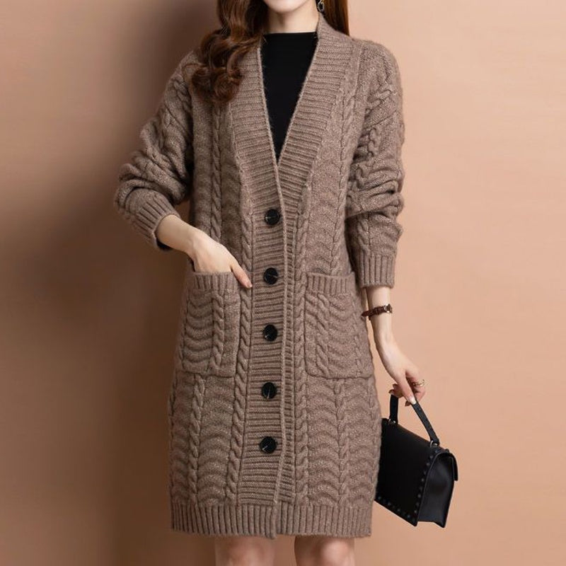 Langer Damen-Strickcardigan mit V-Ausschnitt und Taschen