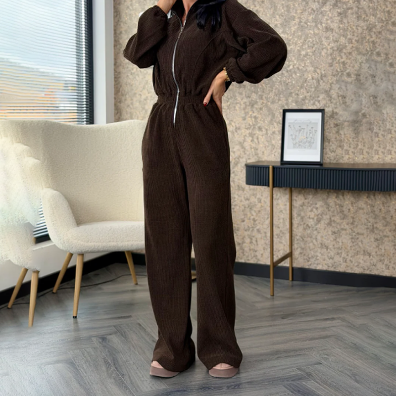 Eleganter langärmeliger Cord-Jumpsuit mit Reißverschluss