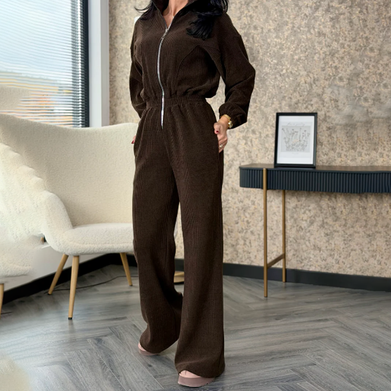Eleganter langärmeliger Cord-Jumpsuit mit Reißverschluss