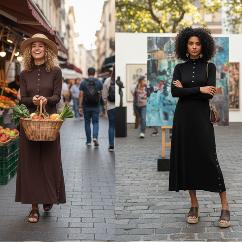 Damen-Maxikleid aus Strick mit ausgestelltem Schnitt