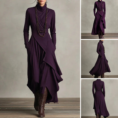 🧣Damen elegantes Maxikleid mit hohem Kragen und asymmetrischer Drapierung