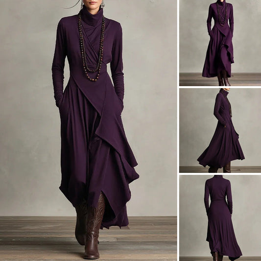 🧣Damen elegantes Maxikleid mit hohem Kragen und asymmetrischer Drapierung