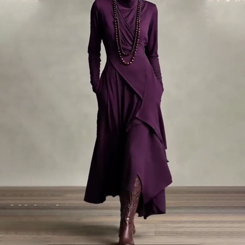 🧣Damen elegantes Maxikleid mit hohem Kragen und asymmetrischer Drapierung
