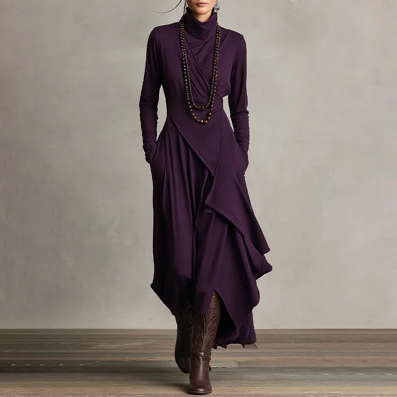 🧣Damen elegantes Maxikleid mit hohem Kragen und asymmetrischer Drapierung