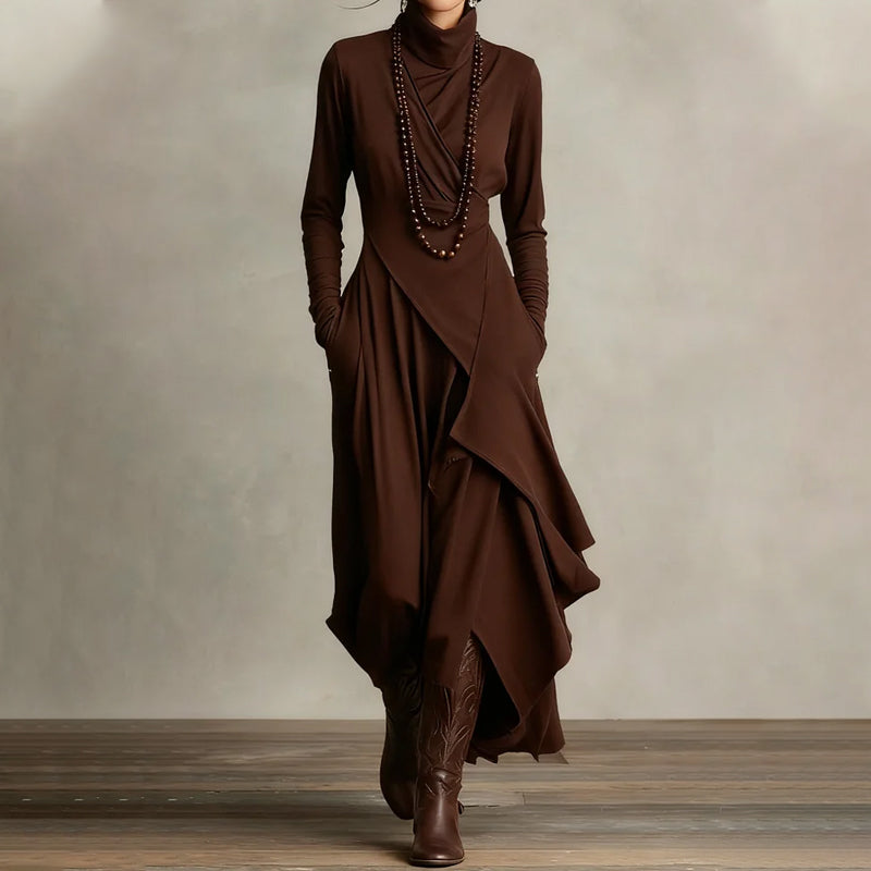 🧣Damen elegantes Maxikleid mit hohem Kragen und asymmetrischer Drapierung