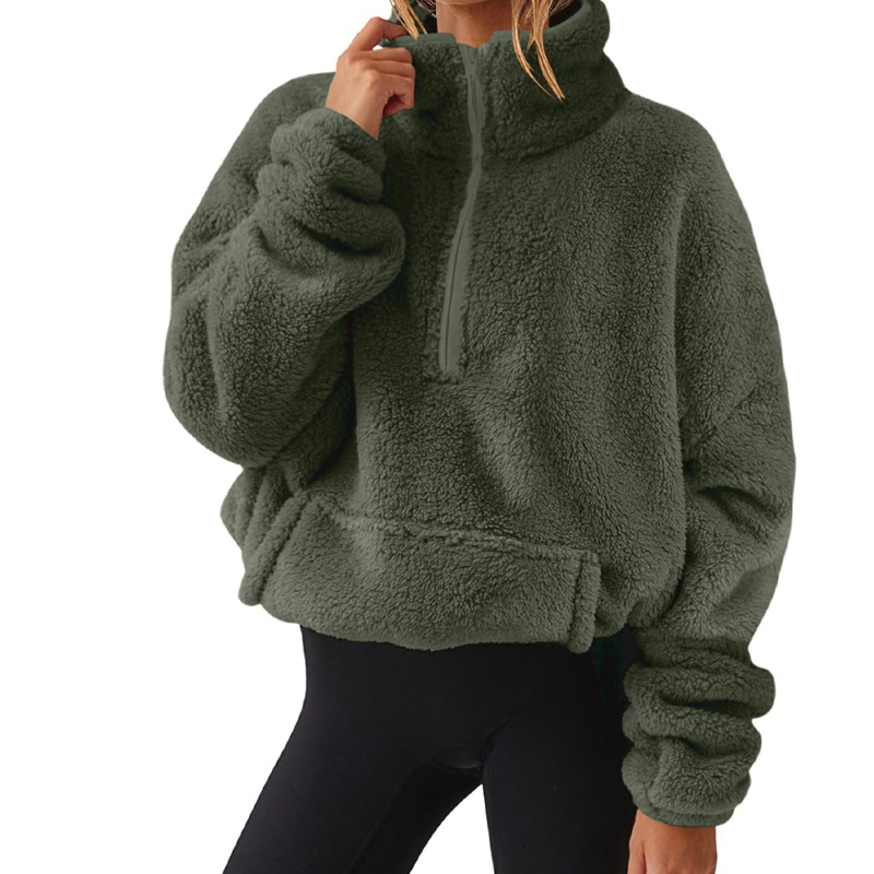 Damen-Sweatshirt mit halbem Reißverschluss und Stehkragen, flauschig