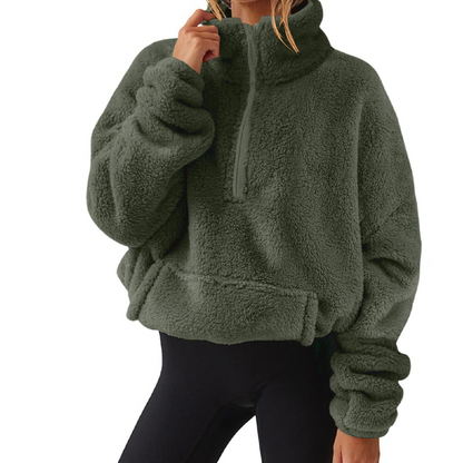Damen-Sweatshirt mit halbem Reißverschluss und Stehkragen, flauschig