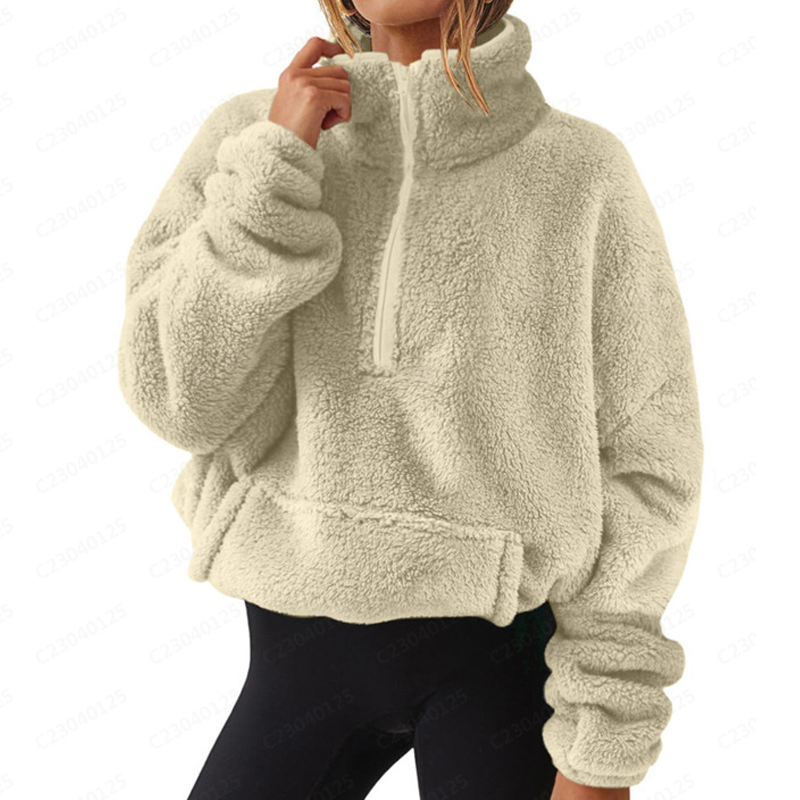 Damen-Sweatshirt mit halbem Reißverschluss und Stehkragen, flauschig