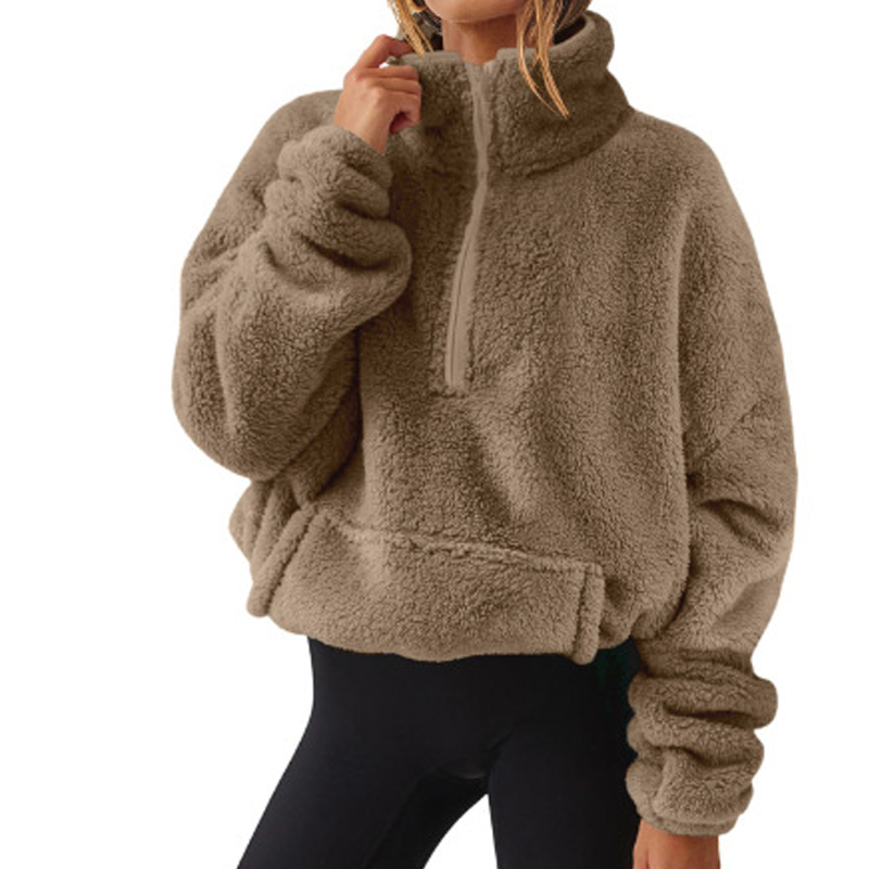 Damen-Sweatshirt mit halbem Reißverschluss und Stehkragen, flauschig