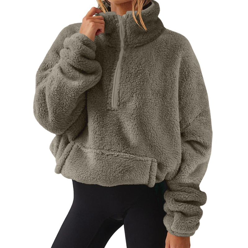 Damen-Sweatshirt mit halbem Reißverschluss und Stehkragen, flauschig