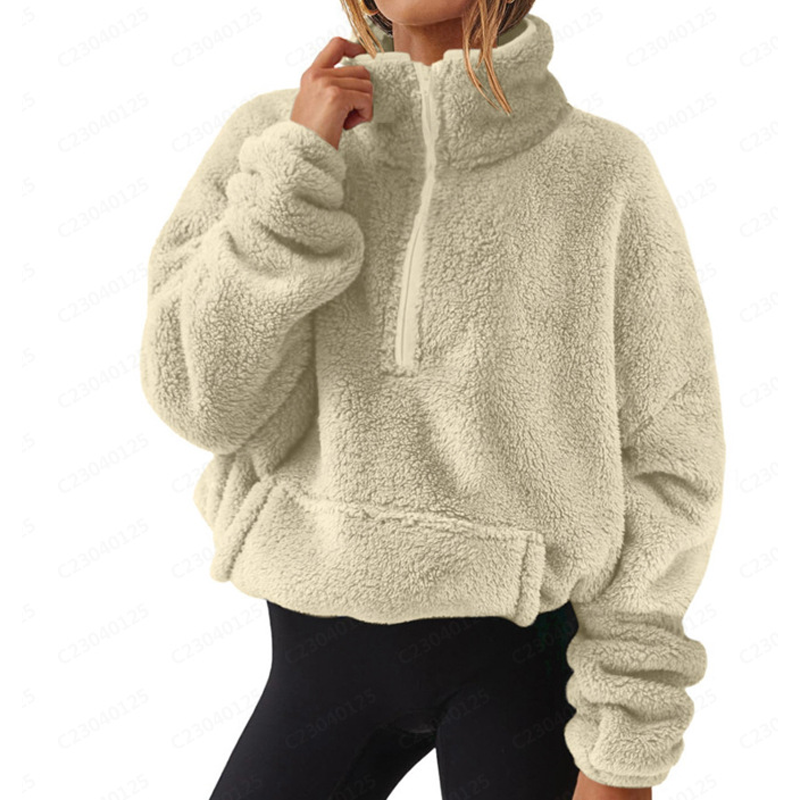 Damen-Sweatshirt mit halbem Reißverschluss und Stehkragen, flauschig