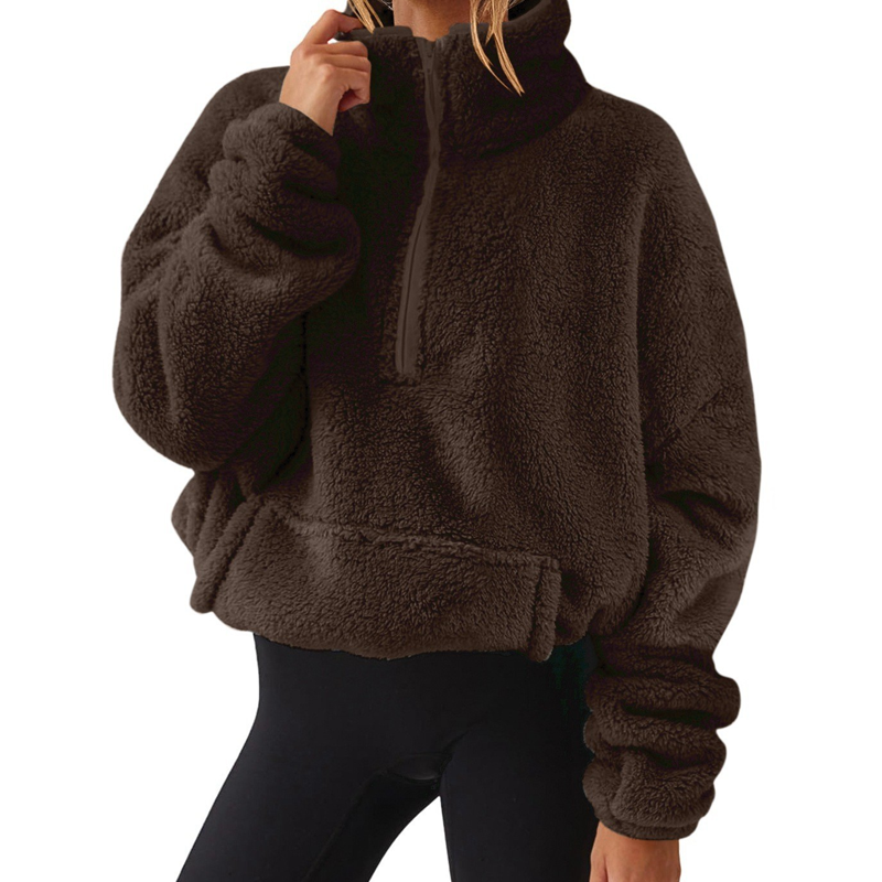 Damen-Sweatshirt mit halbem Reißverschluss und Stehkragen, flauschig