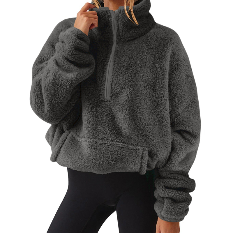 Damen-Sweatshirt mit halbem Reißverschluss und Stehkragen, flauschig