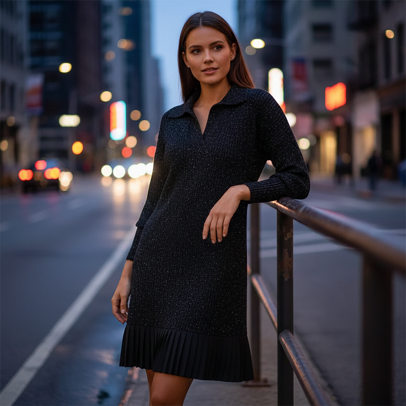 Kurz-A-Linien-Kleid mit funkelndem Revers für Damen