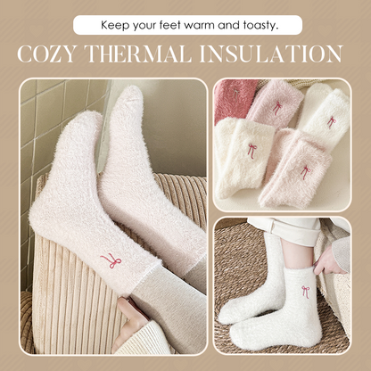 3 Paar Damen-Socken aus Plüsch-Nerz mit gestickter Schleife