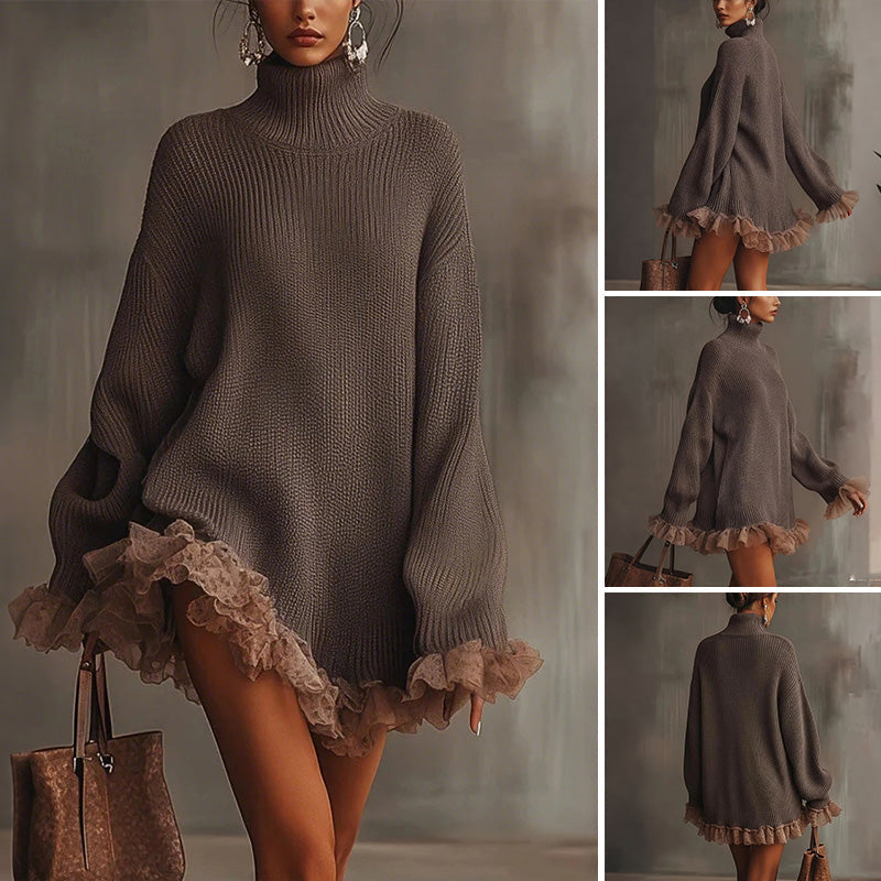 Strickkleid mit Rollkragen und Volantsaum