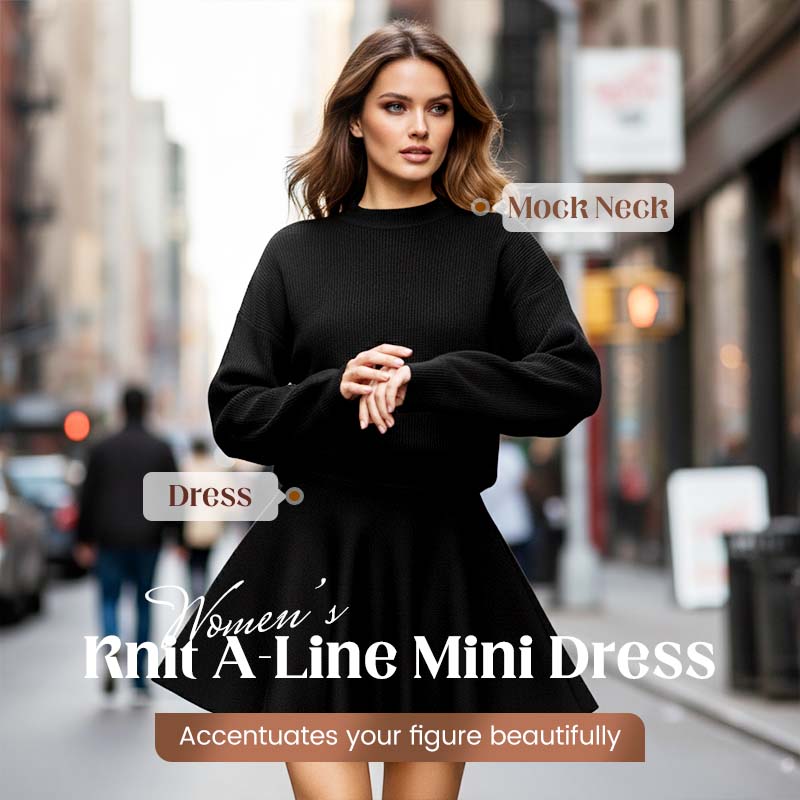 ✨✨Begrenzter Vorrat verfügbar, nicht verpassen!🌸Damen-Minikleid aus Strick mit Stehkragen und A-Linien-Schnitt👗
