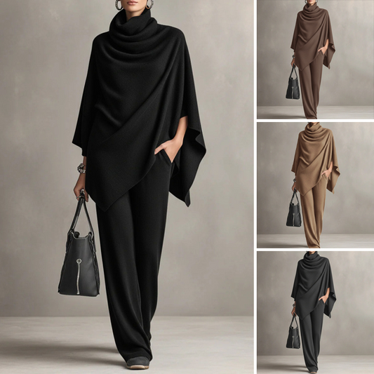 📢📢50%Rabatt!!!🎉✨Damen-Set: Cape-Oberteil mit Wasserfallkragen & Hose mit weitem Bein