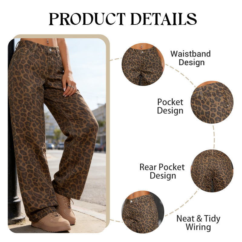 🐆 50% RABATT! Damen Jeans Hohe Taille & Weites Bein – Mit Auffälligem Leopardenmuster, Lockerer Passform & 5-Taschen-Design 👖✨