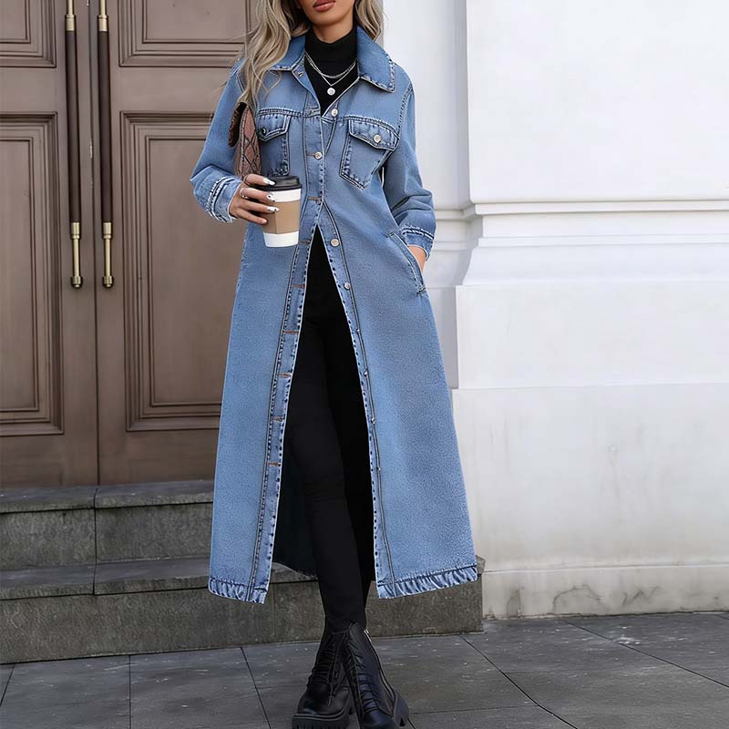 📢📢50 % Rabatt!! ⏰👖【Lange Jeansjacke】—— Zugeknöpft für Eleganz, aufgeknöpft für Flair – ein Kleidungsstück, mit dem Sie den Stil im Frühling und Herbst meistern!🤠💙✨