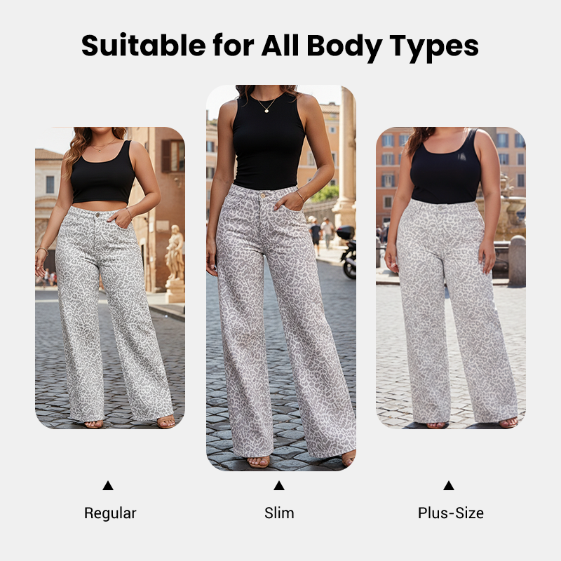 Damenjeans mit Leopardenmuster, hoher Taille und weitem Bein