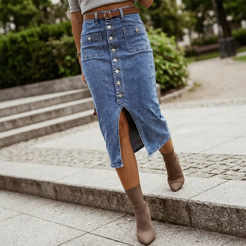 🔈JETZT 60 % RABATT👗Jeansrock mit hoher Taille und Knopfleiste