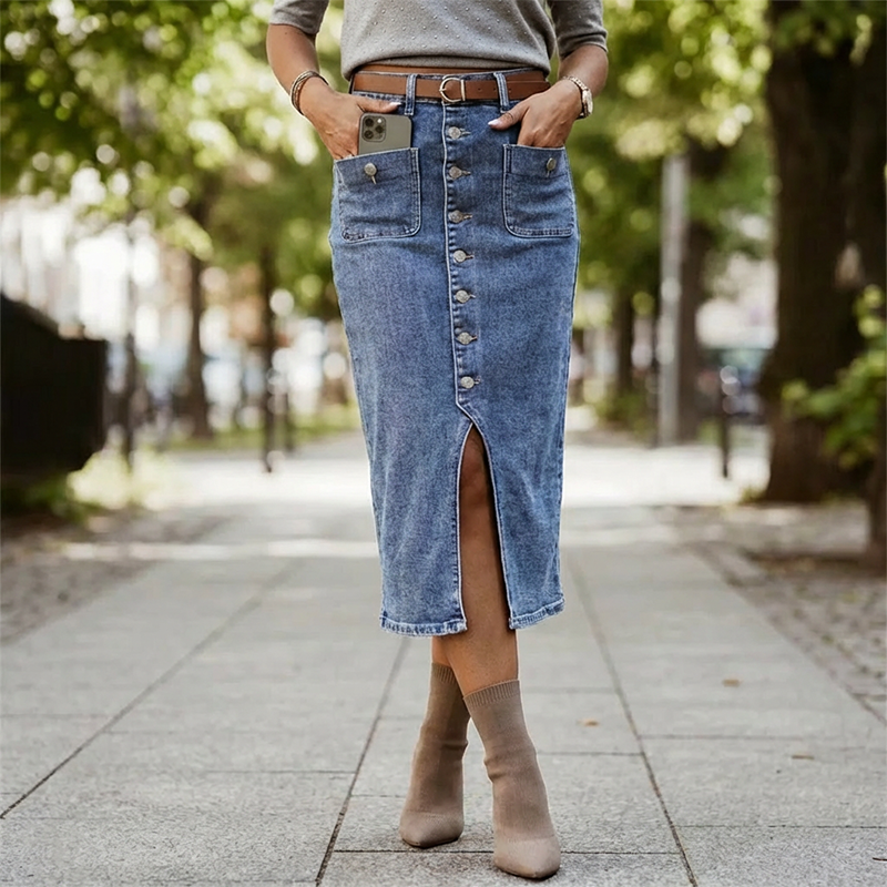 🔈JETZT 60 % RABATT👗Jeansrock mit hoher Taille und Knopfleiste