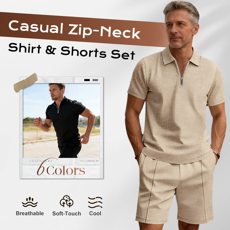 🌊☀️ Sommerliche Freizeit Kombination aus Kurzarm-Hemd mit Reißverschluss und Shorts 👕🩳 atmungsaktiv, schnelltrocknend & ideal für Urlaub und Garten