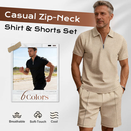 🌊☀️ Sommerliche Freizeit Kombination aus Kurzarm-Hemd mit Reißverschluss und Shorts 👕🩳 atmungsaktiv, schnelltrocknend & ideal für Urlaub und Garten