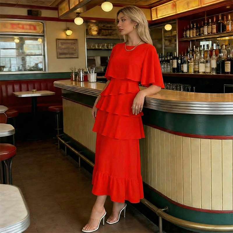 Elegantes Damenkleid mit gerüschten Stufärmeln