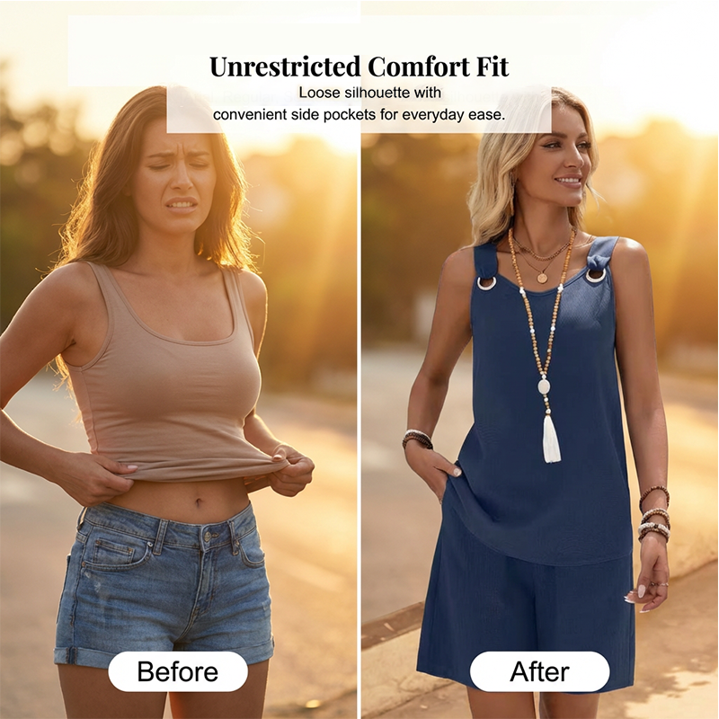 ⌛Zeitlich begrenztes Angebot – Lässiges zweiteiliges Set aus ärmellosem Oberteil und Shorts