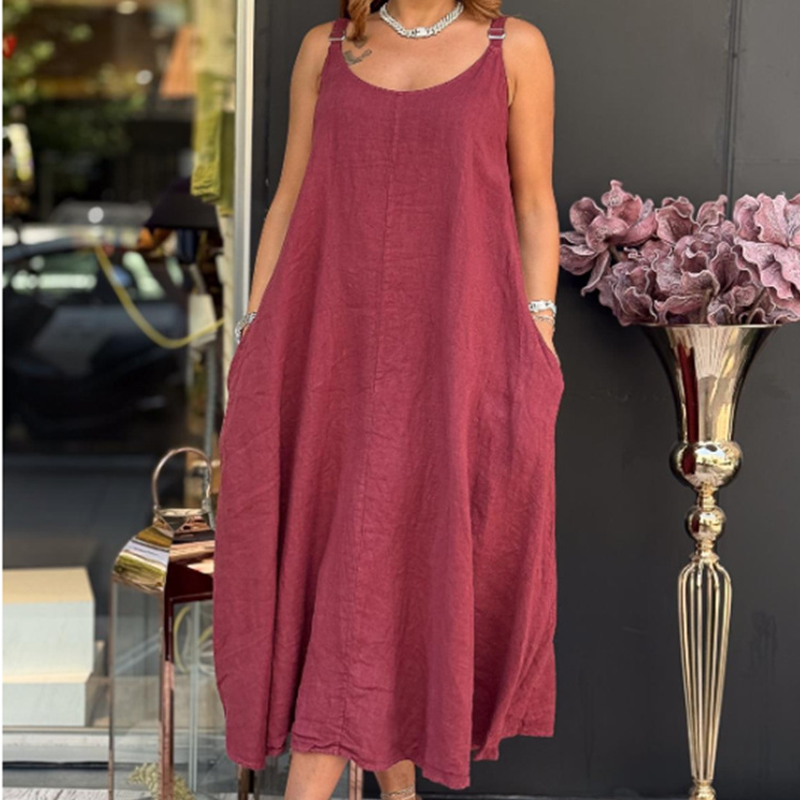 Damen Baumwoll-Leinen Kleid mit Taschen
