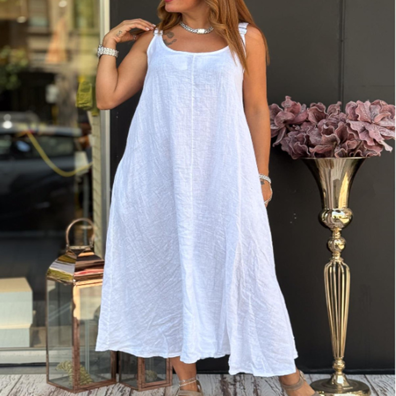 Damen Baumwoll-Leinen Kleid mit Taschen