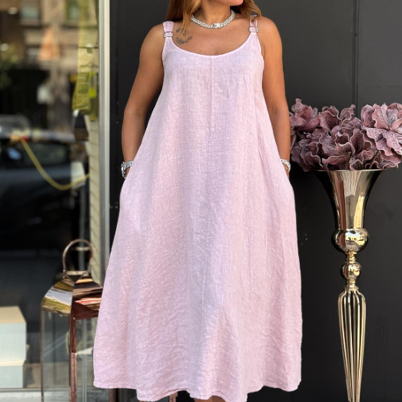 Damen Baumwoll-Leinen Kleid mit Taschen