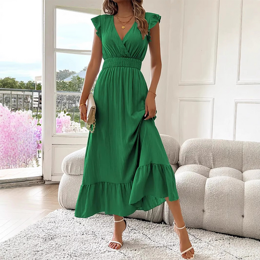 📢50 % RABATT!!!⏰Maxikleid mit V-Ausschnitt, Rüschen und tailliertem Schnitt