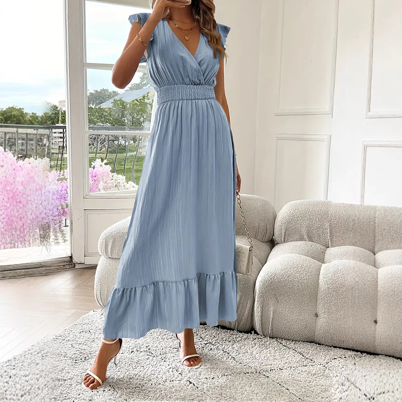 📢50 % RABATT!!!⏰Maxikleid mit V-Ausschnitt, Rüschen und tailliertem Schnitt